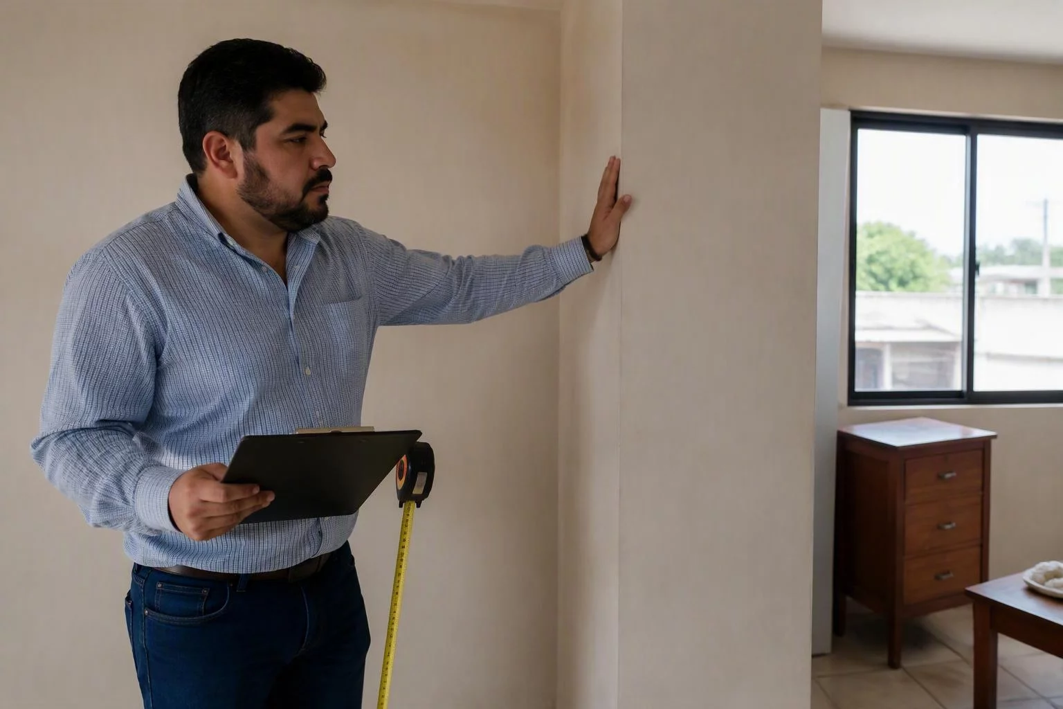 Revisión de un remate de muro terminado en una vivienda vacía, con cinta métrica y tabla de apuntes