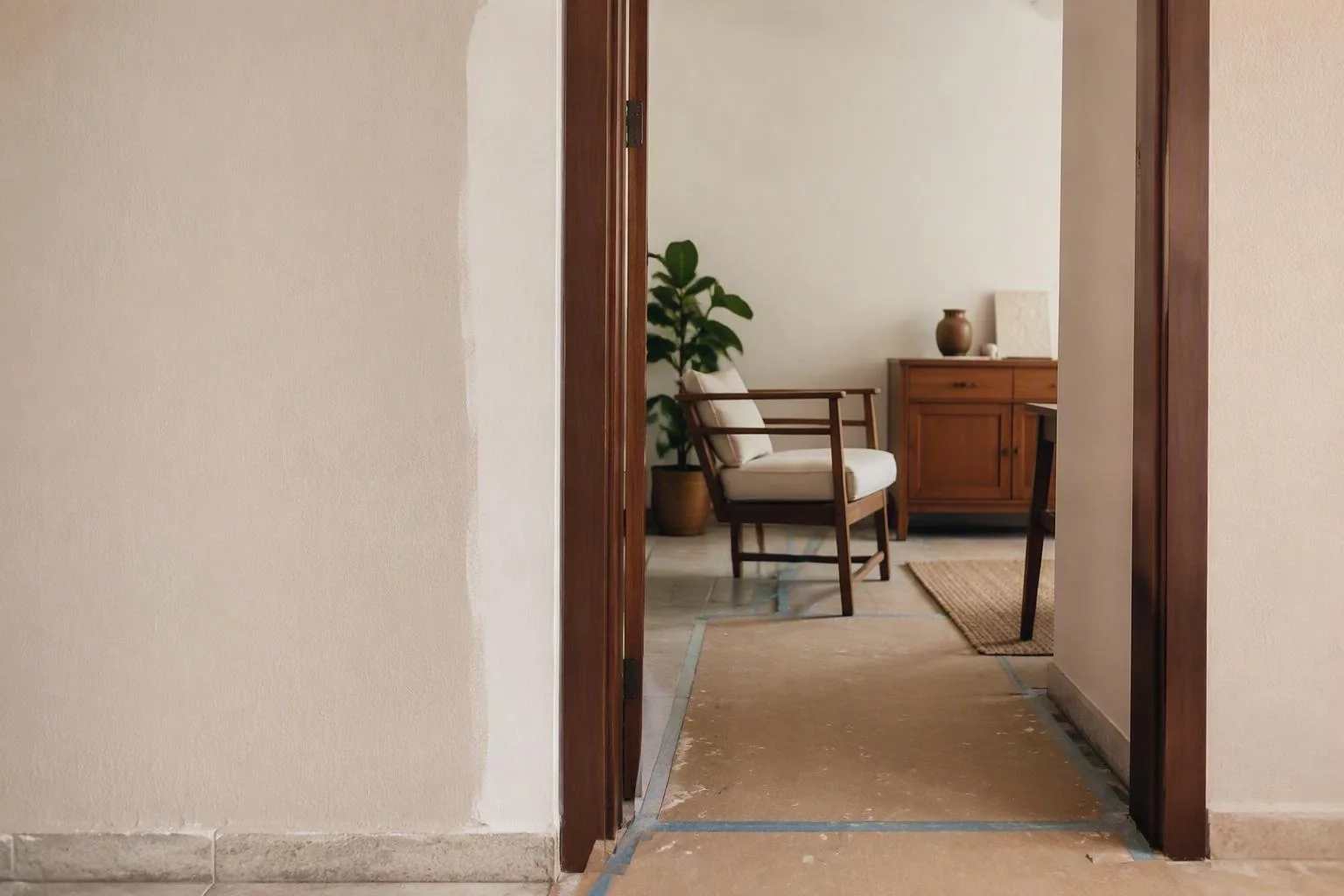 Detalle de un interior recién entregado: filo de pintura fresca, marco de puerta nuevo y papel de protección sobre el piso